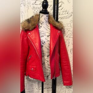 Red Faux Fur Collar Women's Jacket